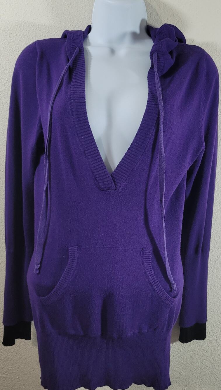 Rue 21 Purple Deep V Neck Drawstring Hoodie Sweater Medium Kangaroo Pouch Soft